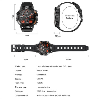 K52 1,39 pouces BT5.0 Smart Watch prend en charge la détection de fréquence cardiaque/sommeil