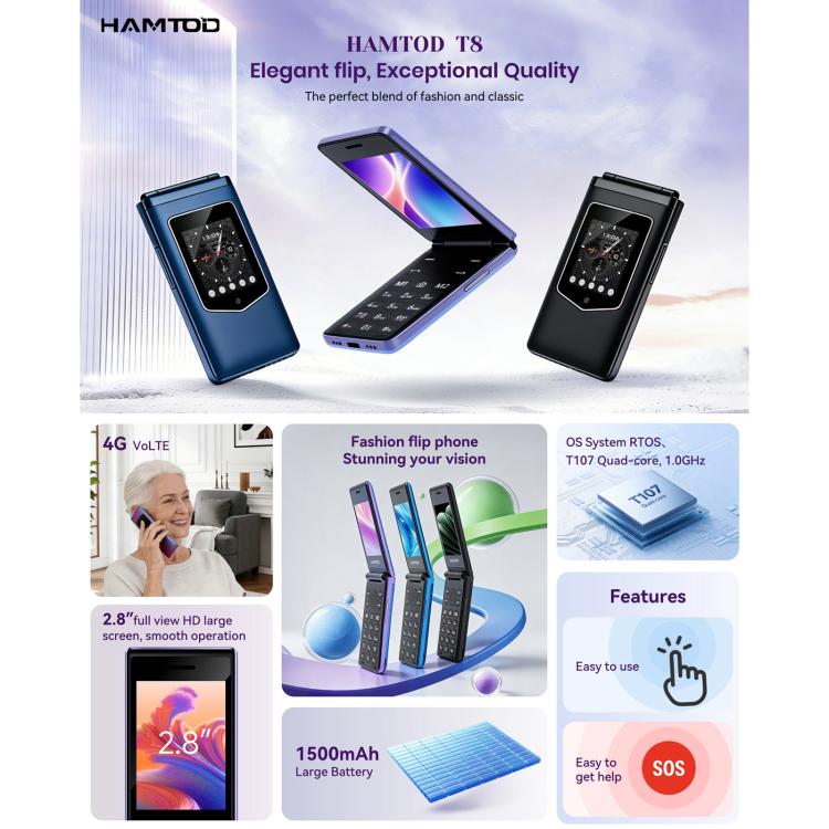 Téléphone à clapet HAMTOD T8 4G, 2,8 pouces + 1,77 pouces, VoLTE, BT, SOS, OTG, EU Version