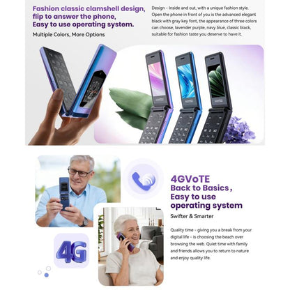Téléphone à clapet HAMTOD T8 4G, 2,8 pouces + 1,77 pouces, VoLTE, BT, SOS, OTG, EU Version
