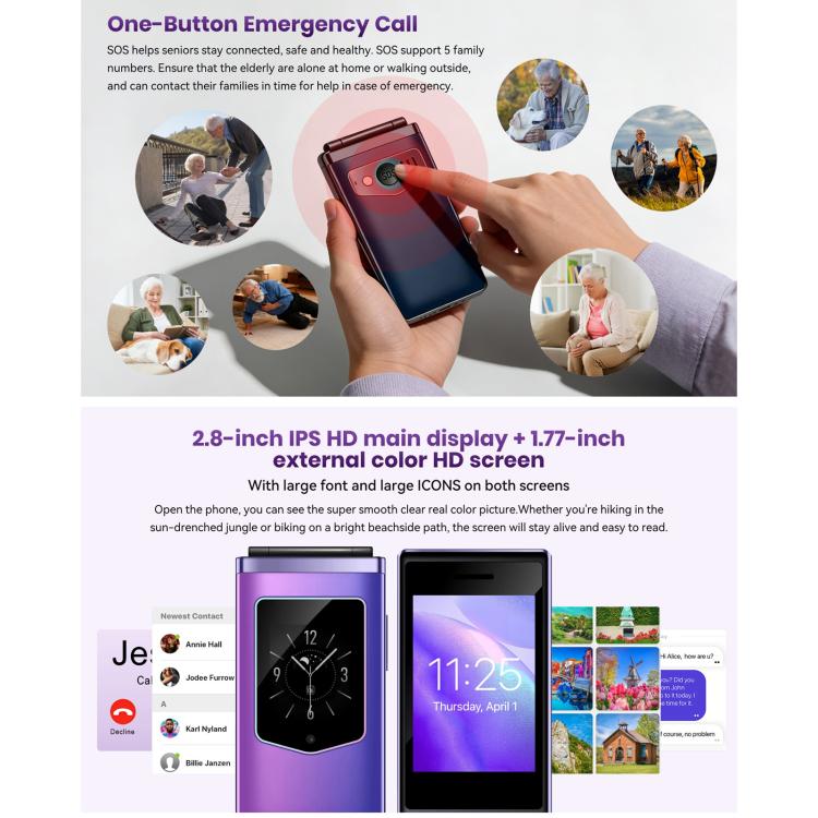 Téléphone à clapet HAMTOD T8 4G, 2,8 pouces + 1,77 pouces, VoLTE, BT, SOS, OTG, EU Version