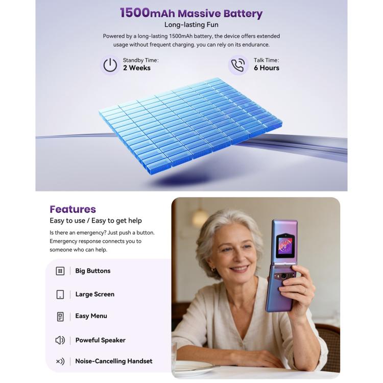 Téléphone à clapet HAMTOD T8 4G, 2,8 pouces + 1,77 pouces, VoLTE, BT, SOS, OTG, EU Version