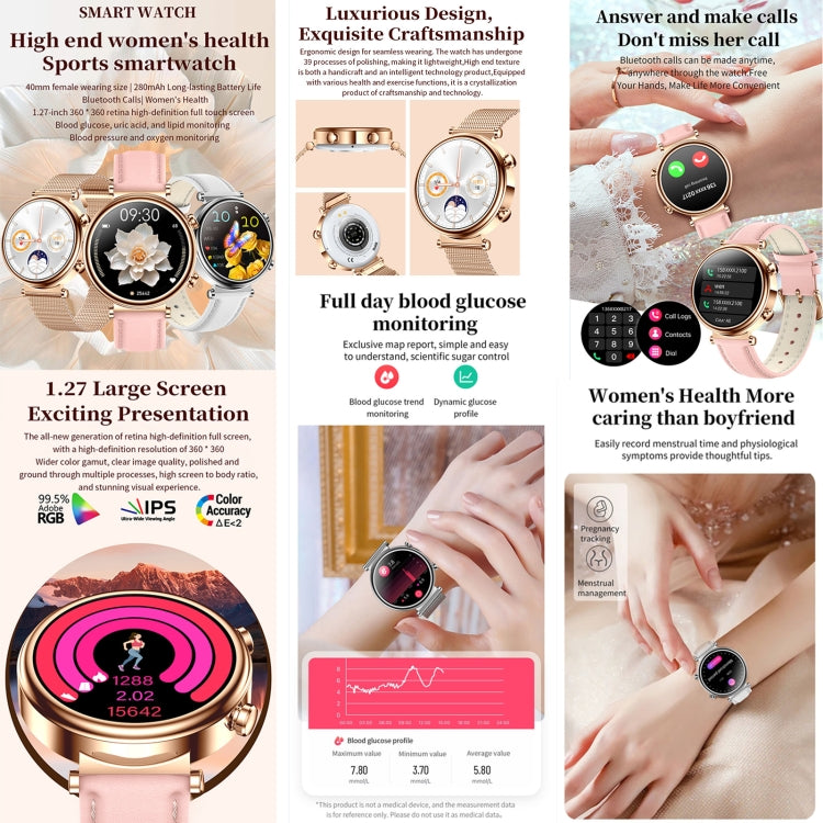 Montre intelligente T86 Woman Health 1,27 pouces, appel BT/Cycle physiologique/fréquence cardiaque/tension artérielle/glycémie/SOS