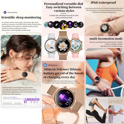 Montre intelligente T86 Woman Health 1,27 pouces, appel BT/Cycle physiologique/fréquence cardiaque/tension artérielle/glycémie/SOS