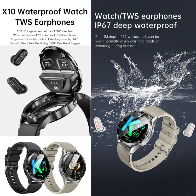 X10 casque montre intelligente 1,39 pouces Bracelet étanche, prise en charge des appels Bluetooth/NFC/fréquence cardiaque