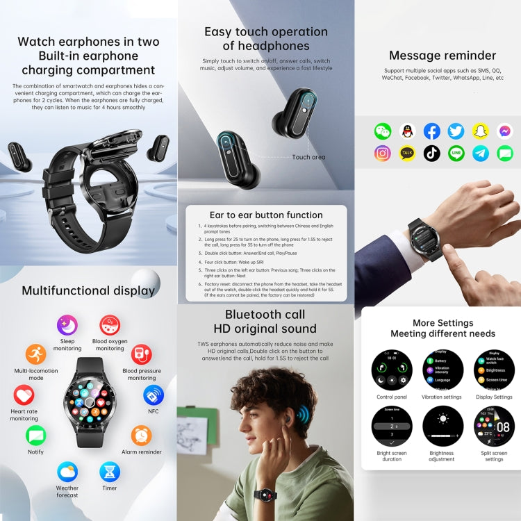 X10 casque montre intelligente 1,39 pouces Bracelet étanche, prise en charge des appels Bluetooth/NFC/fréquence cardiaque
