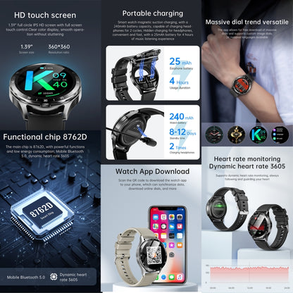 X10 casque montre intelligente 1,39 pouces Bracelet étanche, prise en charge des appels Bluetooth/NFC/fréquence cardiaque