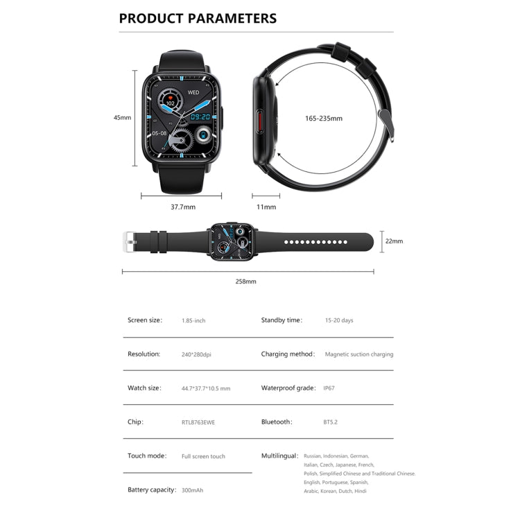 Montre de sport intelligente DM05 1,83 pouces BT5.2, prise en charge du sommeil/fréquence cardiaque/oxygène sanguin/température/sucre cardiaque/moniteur de santé de la pression artérielle
