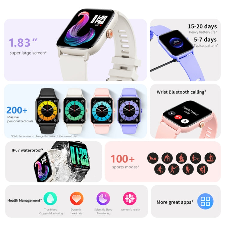 QS13 1,83 pouces BT5.2 montre de sport intelligente, prise en charge des appels Bluetooth/sommeil/glycémie/oxygène dans le sang/fréquence cardiaque/moniteur de santé de la pression artérielle