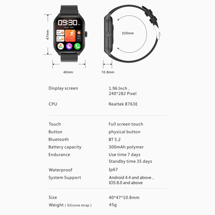 Qx5 1,96 pouces BT5.2 montre de sport intelligente, prise en charge des appels Bluetooth/sommeil/oxygène sanguin/température/fréquence cardiaque/moniteur de santé de la pression artérielle