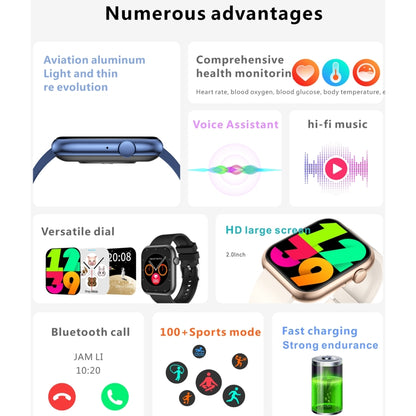 Montre de sport intelligente QX7 Pro 2,0 pouces BT5.2, prise en charge des appels Bluetooth/sommeil/glycémie/oxygène dans le sang/température/fréquence cardiaque/moniteur de santé de la pression artérielle