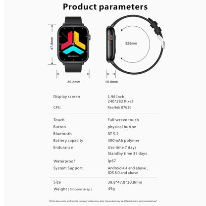 QX9 1,96 pouces BT5.2 montre de sport intelligente, prise en charge des appels Bluetooth/sommeil/oxygène sanguin/fréquence cardiaque/moniteur de santé de la pression artérielle