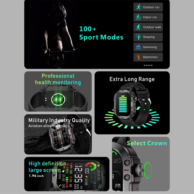 QX11 1,96 pouces BT5.2 montre de sport intelligente, prise en charge des appels Bluetooth/sommeil/oxygène sanguin/fréquence cardiaque/moniteur de santé de la pression artérielle