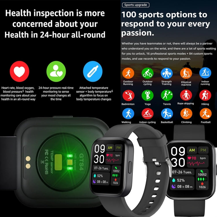 Montre intelligente de remise en forme GTS4 1,69 pouces, appel BT/fréquence cardiaque/tension artérielle/MET/température corporelle