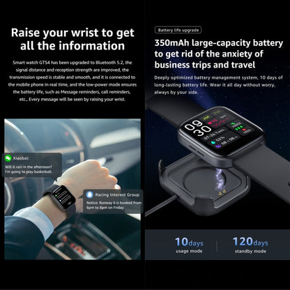 Montre intelligente de remise en forme GTS4 1,69 pouces, appel BT/fréquence cardiaque/tension artérielle/MET/température corporelle