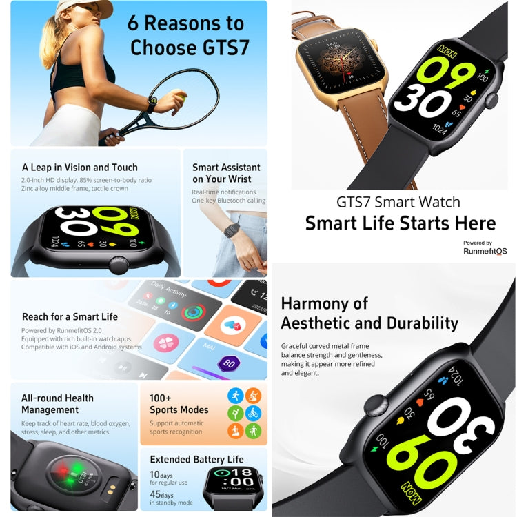 Montre intelligente GTS7 2,0 pouces Fitness Health, appel BT/fréquence cardiaque/tension artérielle/MET