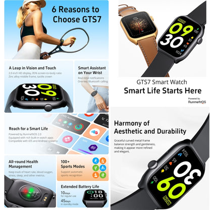 Montre intelligente GTS7 2,0 pouces Fitness Health, appel BT/fréquence cardiaque/tension artérielle/MET