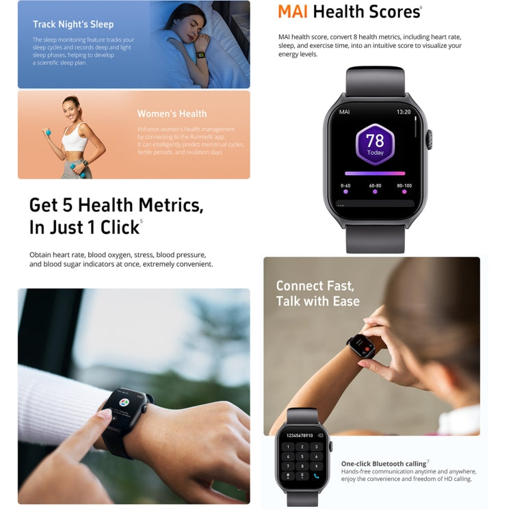 Montre intelligente GTS7 2,0 pouces Fitness Health, appel BT/fréquence cardiaque/tension artérielle/MET