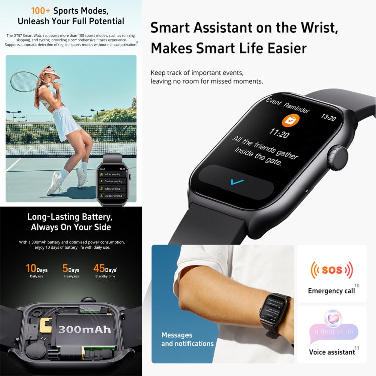 Montre intelligente GTS7 2,0 pouces Fitness Health, appel BT/fréquence cardiaque/tension artérielle/MET