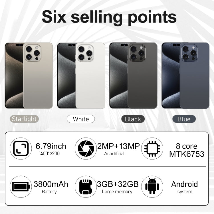 i15 Pro Max / VD1, écran 6,79 pouces, identification faciale, Android 8.1 MTK6753 Octa Core, réseau : 4G, double SIM, 3GB+32GB