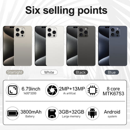 i15 Pro Max / VD1, écran 6,79 pouces, identification faciale, Android 8.1 MTK6753 Octa Core, réseau : 4G, double SIM, 3GB+32GB