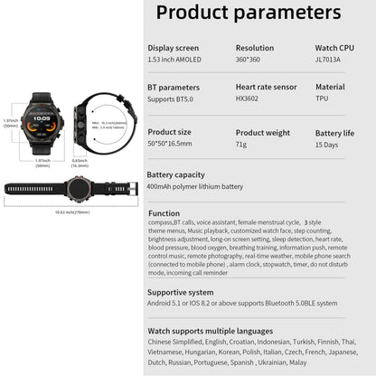 Montre intelligente de sport LC18 1,53 pouces IP67 BT5.0 avec écouteurs, prise en charge des appels Bluetooth/sommeil/oxygène sanguin/fréquence cardiaque/moniteur de santé de la pression artérielle