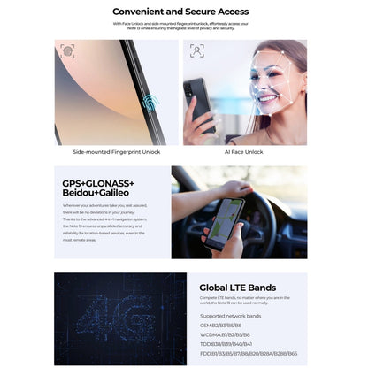 HOTWAV Note 13, identification par empreinte digitale latérale, 6,6 pouces Android 13 T606 Octa Core jusqu'à 1,6 GHz, réseau : 4G, NFC, OTG, 4GB+128GB