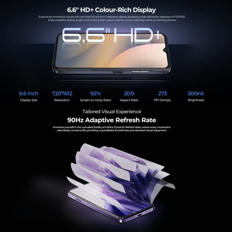 HOTWAV Note 13, identification par empreinte digitale latérale, 6,6 pouces Android 13 T606 Octa Core jusqu'à 1,6 GHz, réseau : 4G, NFC, OTG, 4GB+128GB