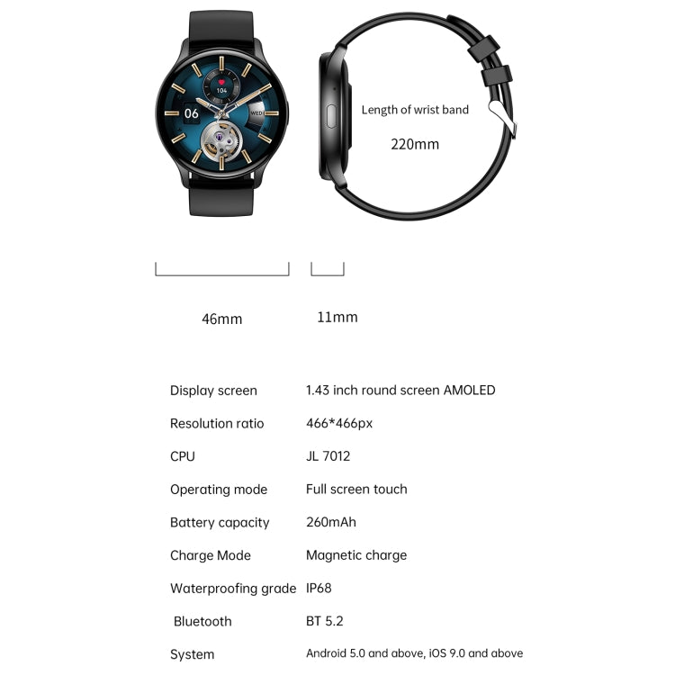 LEMFO HK89 1,43 pouces BT5.0 IP67 Montre intelligente de sport, prise en charge des appels Bluetooth/notification de message/moniteur de santé de fréquence cardiaque/tension artérielle