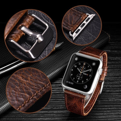 Bracelet de montre en cuir véritable à texture de cheval fou rétro à queue ronde, For Apple Watch 5 & 4 44mm / 3 & 2 & 1 42mm, For Apple Watch Series 7 41mm / 6 & SE & 5 & 4 40mm / 3 & 2 & 1 38mm