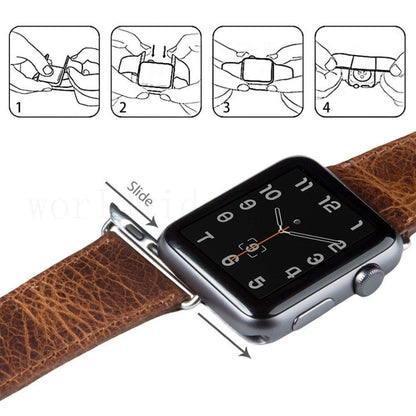 Bracelet de montre en cuir véritable à texture de cheval fou rétro à queue ronde, For Apple Watch 5 & 4 44mm / 3 & 2 & 1 42mm, For Apple Watch Series 7 41mm / 6 & SE & 5 & 4 40mm / 3 & 2 & 1 38mm