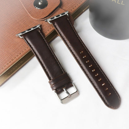 Bracelet de montre en cuir véritable à texture de cheval fou rétro à queue ronde, For Apple Watch 5 & 4 44mm / 3 & 2 & 1 42mm, For Apple Watch Series 7 41mm / 6 & SE & 5 & 4 40mm / 3 & 2 & 1 38mm