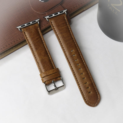 Bracelet de montre en cuir véritable à texture de cheval fou rétro à queue ronde, For Apple Watch 5 & 4 44mm / 3 & 2 & 1 42mm, For Apple Watch Series 7 41mm / 6 & SE & 5 & 4 40mm / 3 & 2 & 1 38mm