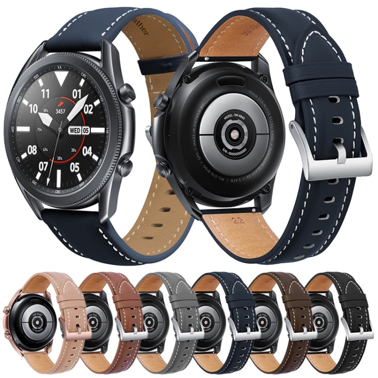 Bracelet de montre en cuir véritable avec boucle argentée, For Samsung Galaxy Watch3 45mm, For Samsung Galaxy Watch3 41mm
