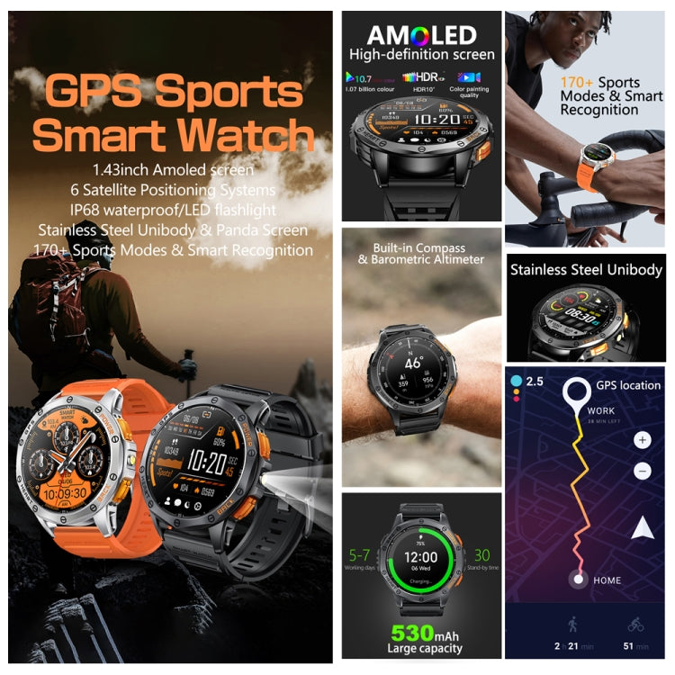 Montre connectée de sport GPS LEMFO K67 avec écran AMOLED de 1,43 pouces, prise en charge des appels Bluetooth / surveillance de la santé