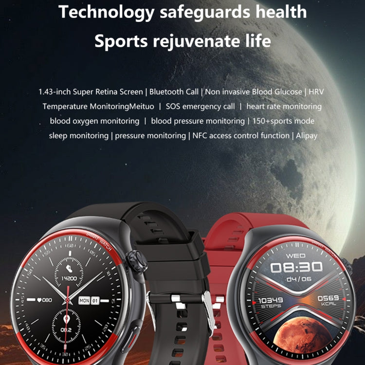 Montre connectée T82 avec écran rond de 1,43 pouce et appels BT, fréquence cardiaque / pression artérielle / oxygène sanguin / sommeil / glycémie / HRV / métope / SOS, Silicone Black, Silicone Red, Silicone Blue, Leather Brown, Leather Black           ...