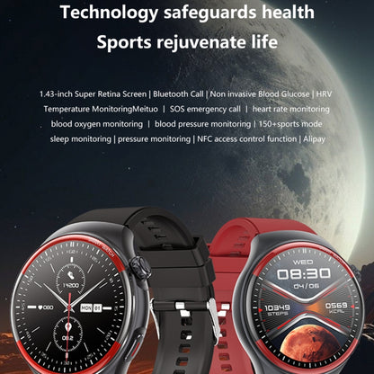 Montre connectée T82 avec écran rond de 1,43 pouce et appels BT, fréquence cardiaque / pression artérielle / oxygène sanguin / sommeil / glycémie / HRV / métope / SOS, Silicone Black, Silicone Red, Silicone Blue, Leather Brown, Leather Black           ...