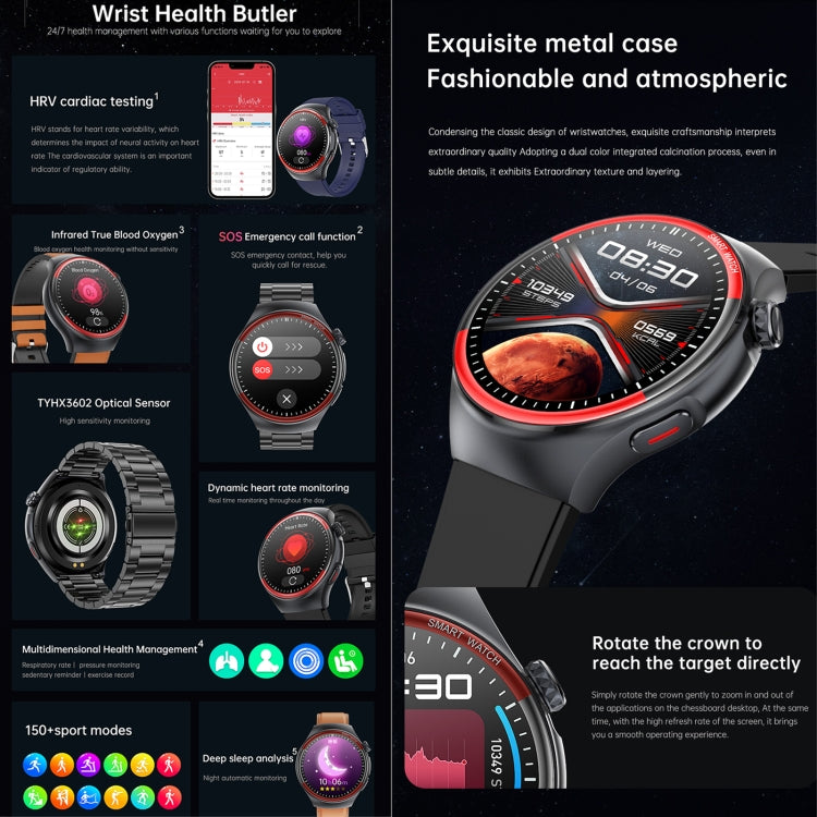 Montre connectée T82 avec écran rond de 1,43 pouce et appels BT, fréquence cardiaque / pression artérielle / oxygène sanguin / sommeil / glycémie / HRV / métope / SOS, Silicone Black, Silicone Red, Silicone Blue, Leather Brown, Leather Black           ...