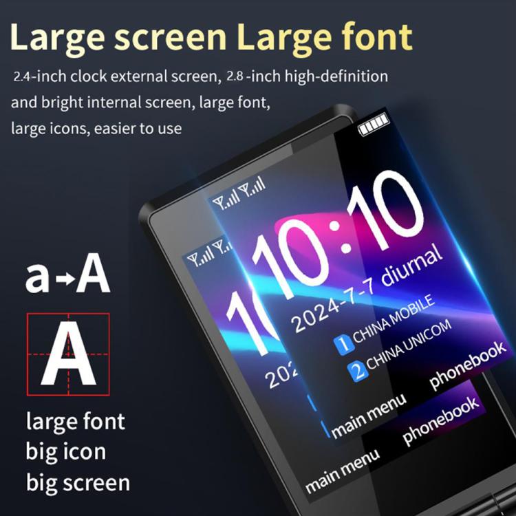 Téléphone robuste à double écran M7+ 4G, 2,8 pouces à l'intérieur, 2,4 pouces à l'extérieur, batterie 6800 mAh, 24 touches, lampe de poche, réseau : 4G, double SIM, SOS, EU Plug, US Plug, UK Plug