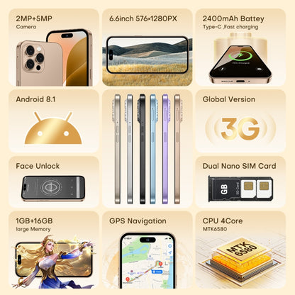 U218 / i16 Pro Max, 1 Go + 16 Go, 6,6 pouces Android 8.1 MTK6580A Quad Core, OTG, Réseau : 3G, Double SIM, EU Plug, US Plug, UK Plug, AU Plug