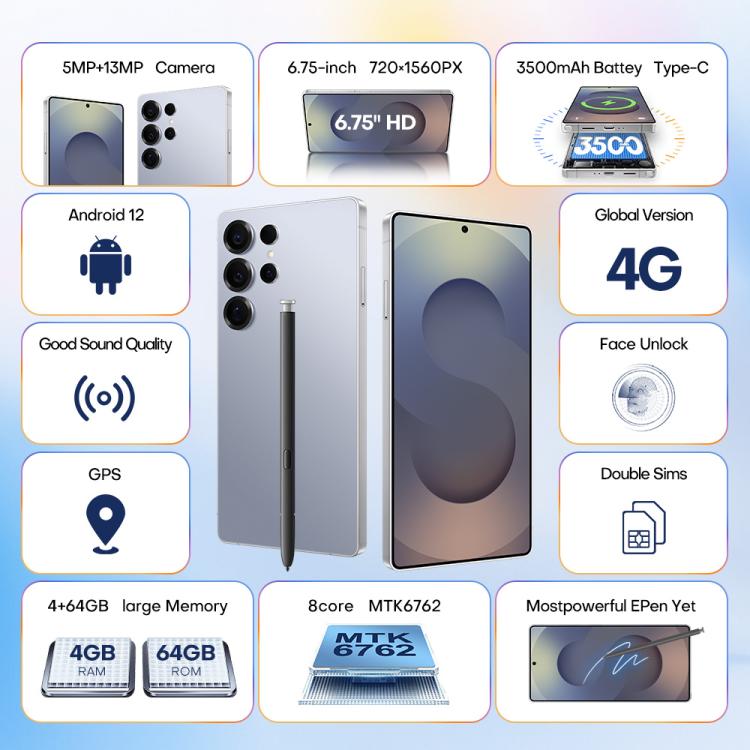 S25 Ultra / Q25, 4 Go + 64 Go, écran 6,75 pouces, Android 12, processeur octa-core MTK6762, réseau 4G, double SIM, stylet inclus., EU Plug, US Plug, AU Plug, UK Plug