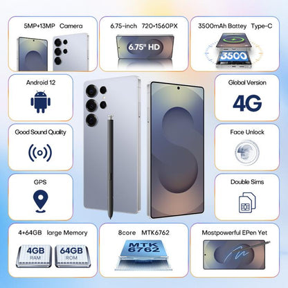 S25 Ultra / Q25, 4 Go + 64 Go, écran 6,75 pouces, Android 12, processeur octa-core MTK6762, réseau 4G, double SIM, stylet inclus., EU Plug, US Plug, AU Plug, UK Plug