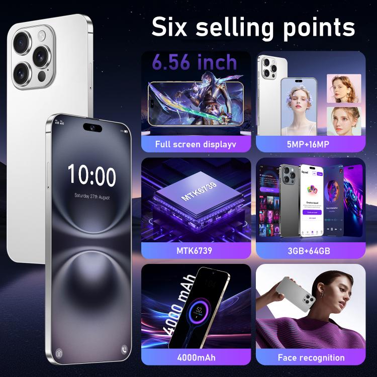 I16 Pro Max / RAi3, 3 Go + 64 Go, écran 6,56 pouces, Android 10, processeur quadricœur MTK6739, réseau 4G, double SIM, EU Plug, US Plug, UK Plug, AU Plug
