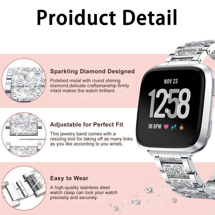 Bracelet de montre en acier inoxydable xDfind Diamond Jewelry, For Fitbit Charge 6 / 5 18mm, For Fitbit Versa 4 / 3 / Sense2 / 1 20mm, For Fitbit Inspire 2 / Ace 3 14mm, For Fitbit Charge 4 / 3 18mm