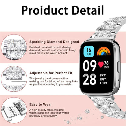 Bracelet de montre en acier inoxydable xDfind Diamond Jewelry, For Xiaomi Band 10 Pro / 9 Pro / Redmi Watch 6, For Xiaomi Smart Band 10 / 9 / 8 / NFC 14mm, For Redmi Watch 3 Active / Lite 20mm, For Redmi Watch 3 20mm