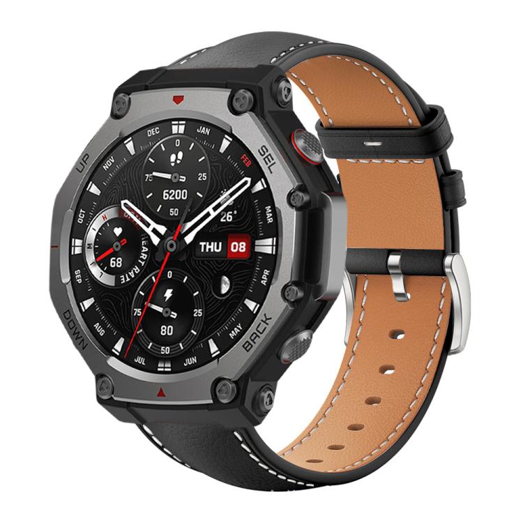Bracelet de montre xDfind Flat Head Black Shark en cuir grainé fin, For Amazfit T-Rex 3 22mm