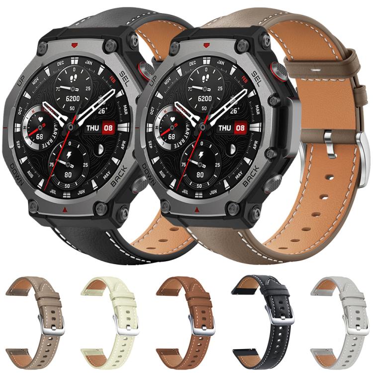 Bracelet de montre xDfind Flat Head Black Shark en cuir grainé fin, For Amazfit T-Rex 3 22mm