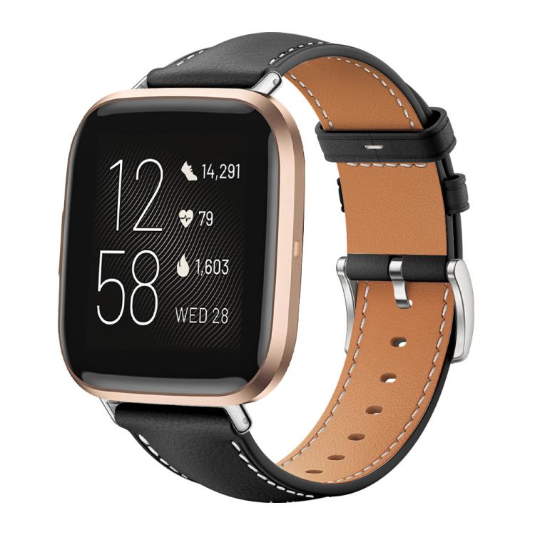 Bracelet de montre xDfind Flat Head Black Shark en cuir grainé fin, For Fitbit Versa 4 / 3 / Sense2 / 1 20mm, For Fitbit Versa 2 / Versa / Versa Lite 22mm