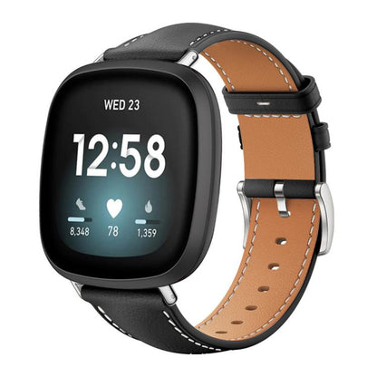 Bracelet de montre xDfind Flat Head Black Shark en cuir grainé fin, For Fitbit Versa 4 / 3 / Sense2 / 1 20mm, For Fitbit Versa 2 / Versa / Versa Lite 22mm