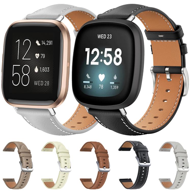 Bracelet de montre xDfind Flat Head Black Shark en cuir grainé fin, For Fitbit Versa 4 / 3 / Sense2 / 1 20mm, For Fitbit Versa 2 / Versa / Versa Lite 22mm