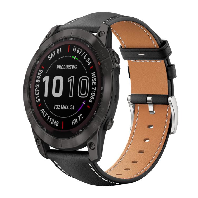Bracelet de montre xDfind Flat Head Black Shark en cuir grainé fin, For Garmin Fenix 8/7/6/5 22mm 20mm, For Garmin Fenix 8/7X/6X/5X 26mm 22mm, For Garmin Forerunner 220/735/735XT/230/235 20mm, For Garmin Forerunner 35/30/35j 20mm